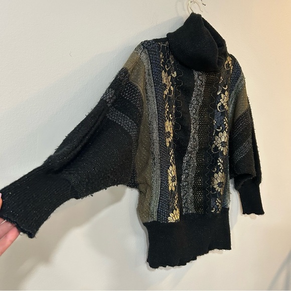 Vintage Eddie Dassin Black Gold Shimmer Pattern Turtleneck Sweater Size Large - Picture 2 of 6